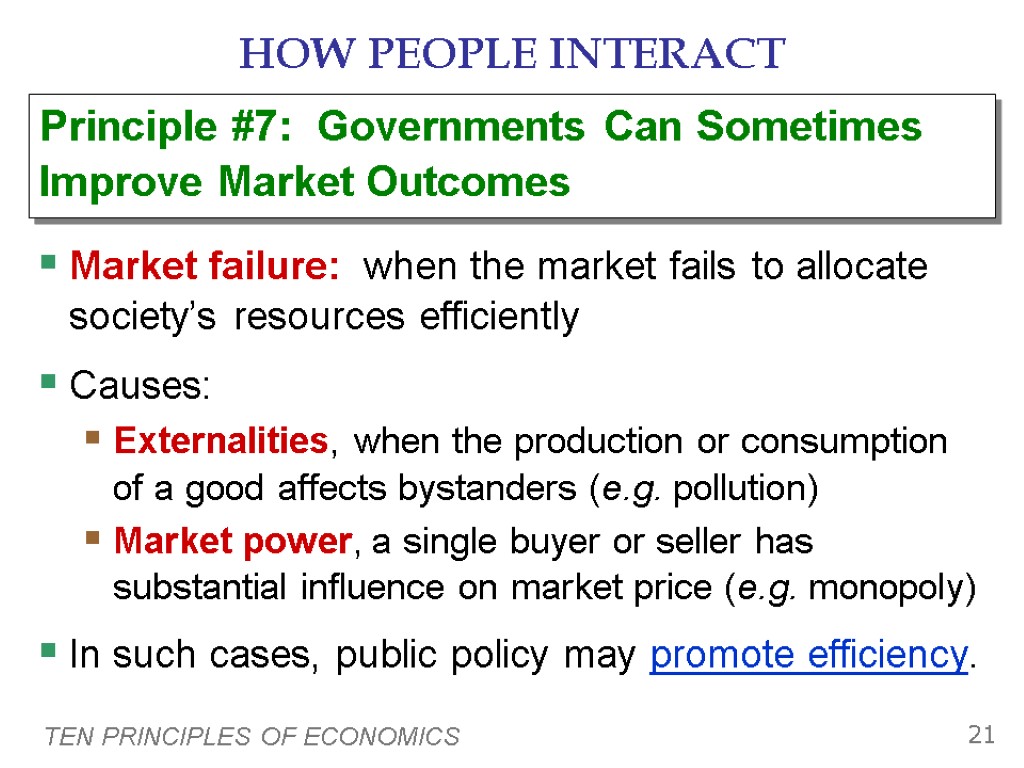 TEN PRINCIPLES OF ECONOMICS 21 HOW PEOPLE INTERACT Market failure: when the market fails